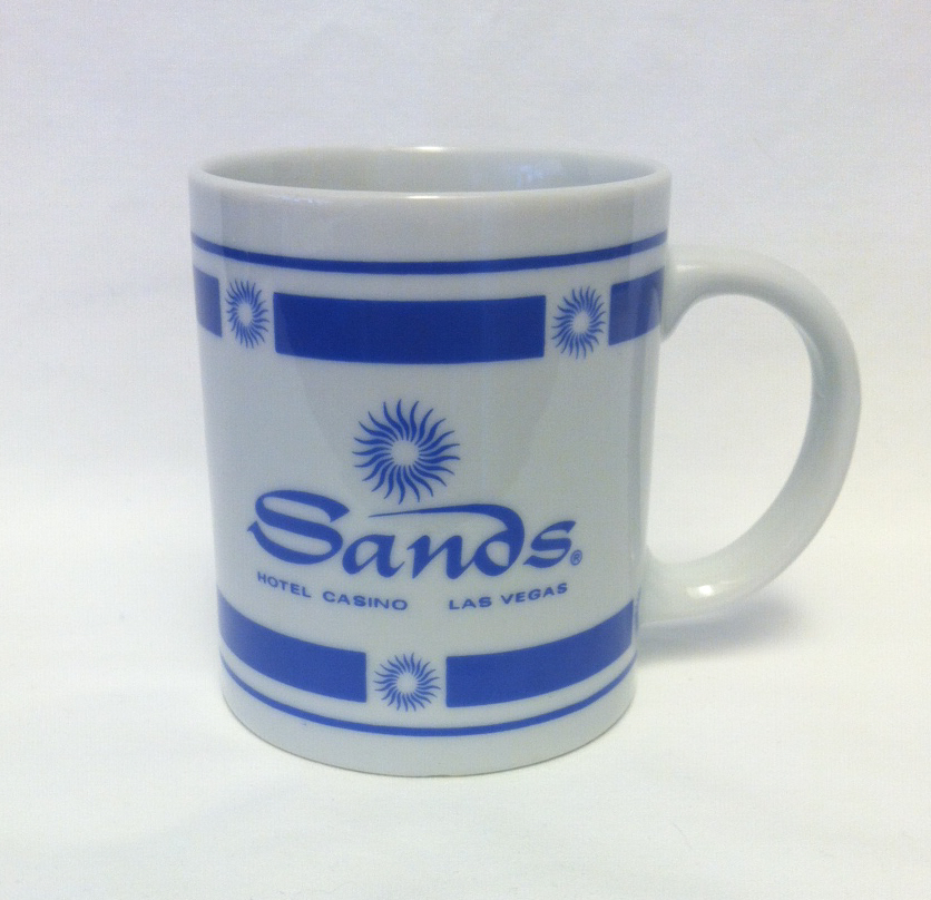 Vintage Sands Hotel Casino Las Vegas coffee mug cup blue and white