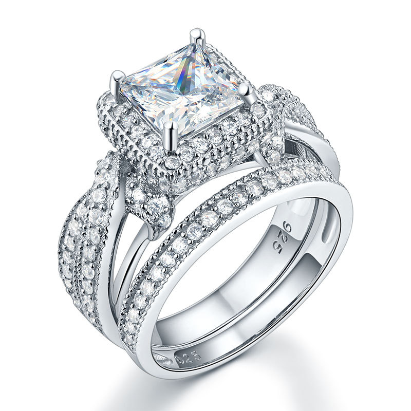 Vintage Art Deco Engagement Ring Set Created Diamond 925 Sterling Siler