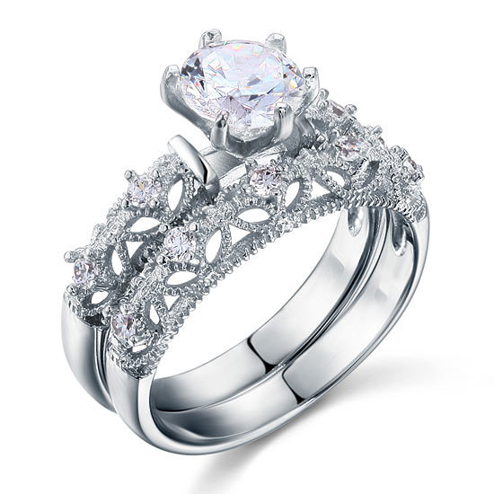 Wedding Engagement Ring Set Victorian Art Deco Created Diamond 925 Silver