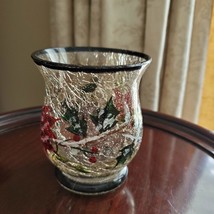 Winter Candle Holder, Crackle Glass, Planter Vase Hand Painted Poinsettia Holly image 3