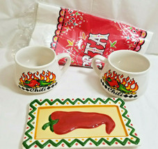 Festa Chili Party Set 2 Mugs Pepper Plate Tablecloth/Cover Ceramic Red W... - $36.89