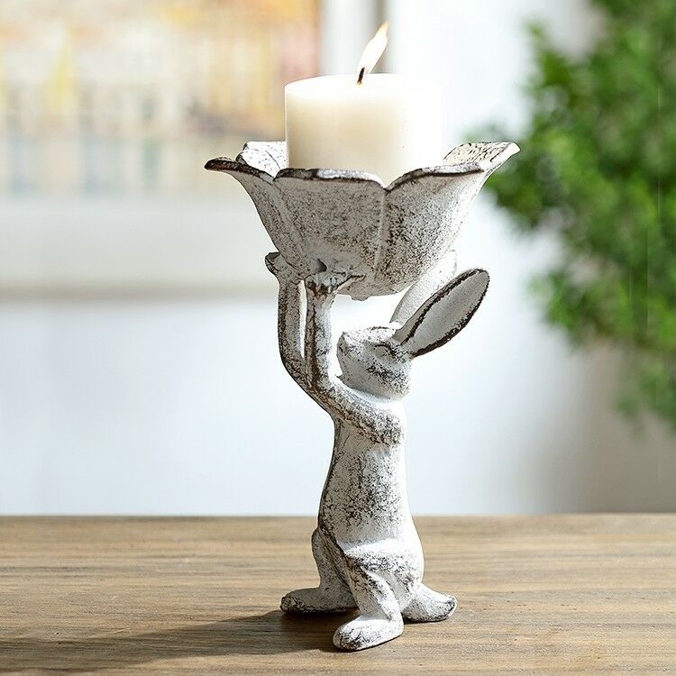 Cast Iron Rabbit Bunny w/Flower Candle Tea Light Holder, Easter/Spring