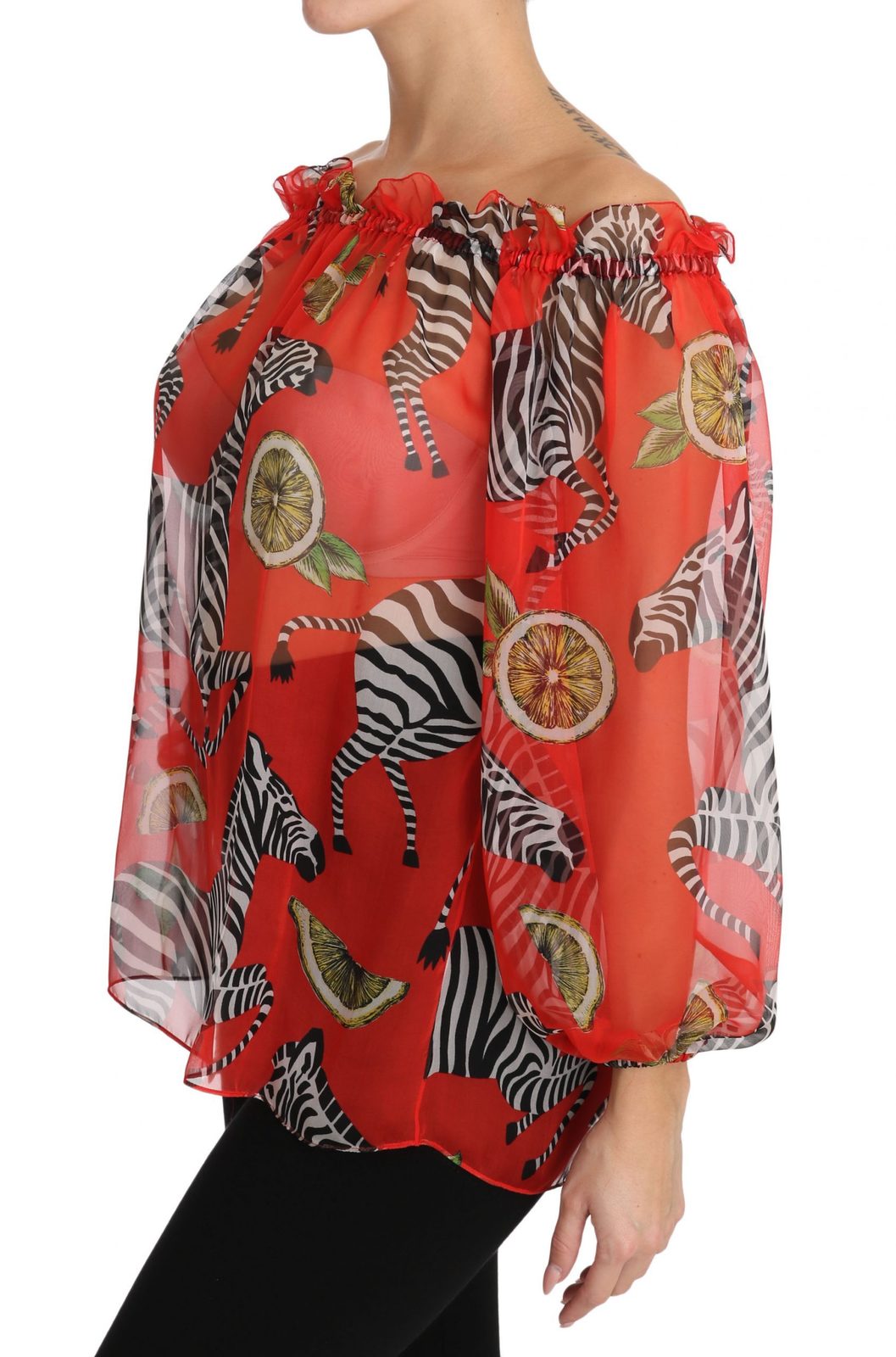 Red Zebra Print Silk Off Shoulder Blouse Top Fashion