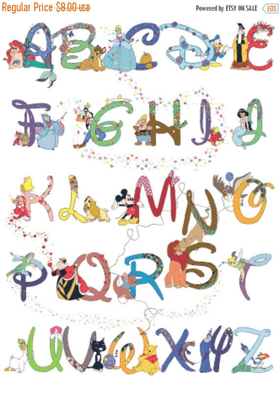 Counted Cross Stitch Pattern Alphabet Disney characters 324*423 stitches BN531
