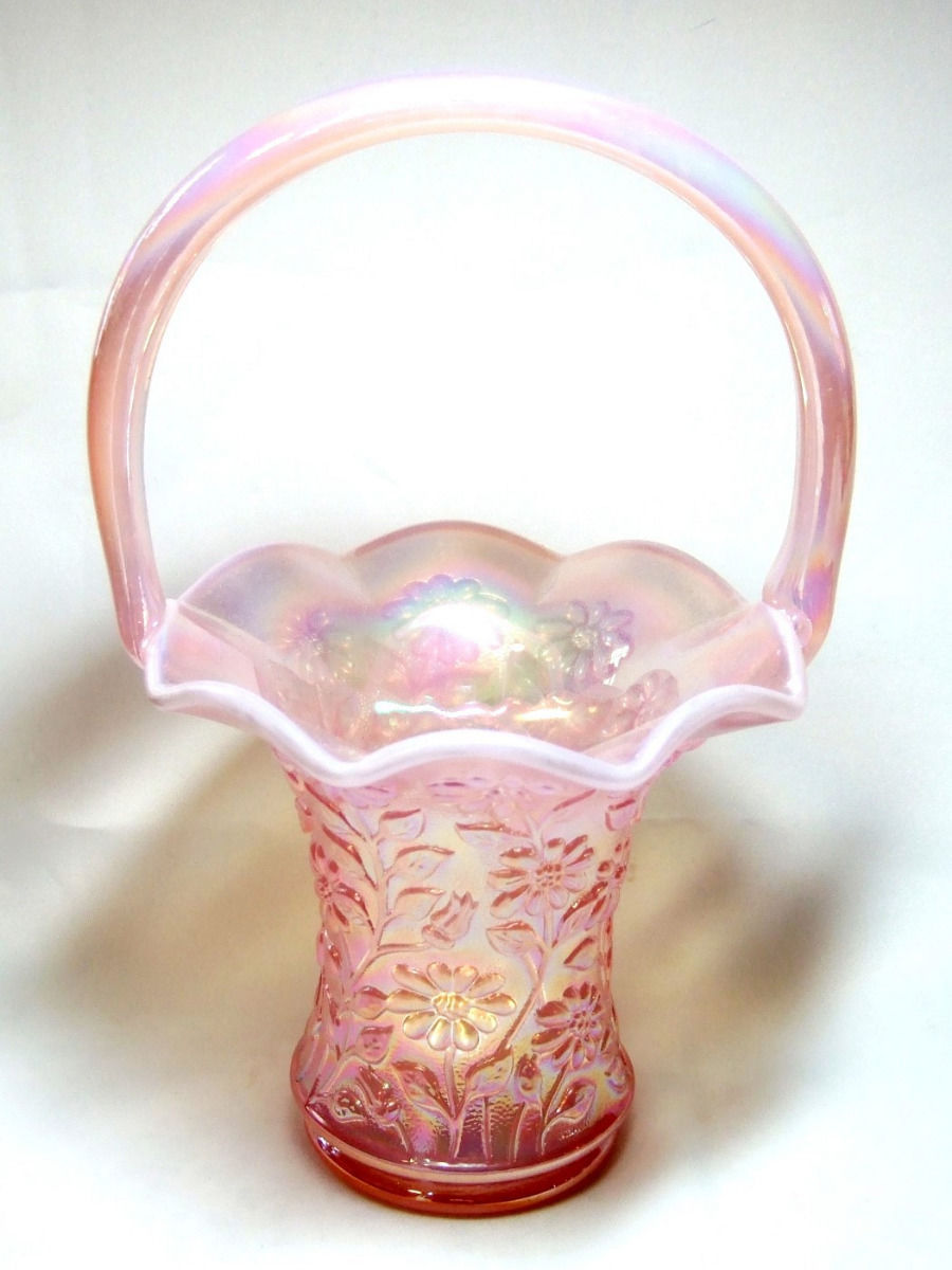 Fenton Imperial Glass Pink Carnival Opalescent Daisy Basket Vase Fenton