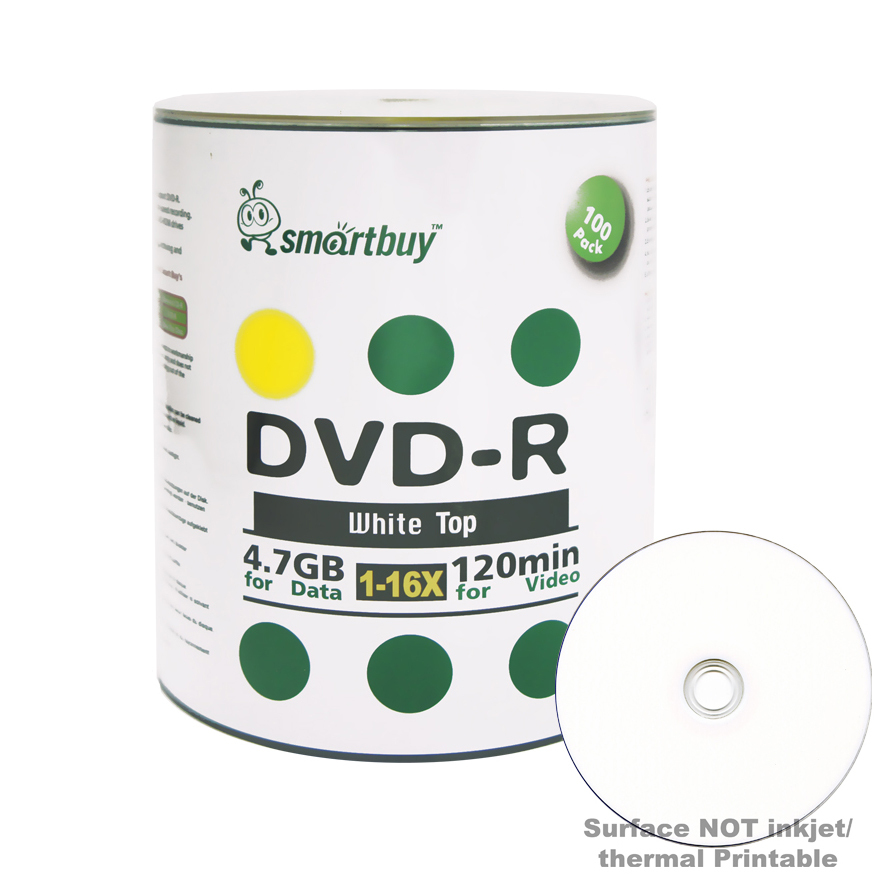 100 Pack Smartbuy 16X DVDR 4.7GB 120Min White Top Blank Media