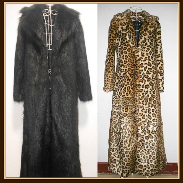 Long Full Length Lapel Collar Faux Fur Fashion Coat White Leopard Black