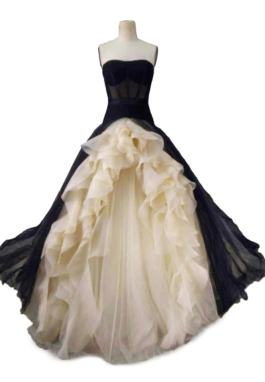 Rosyfancy Black And Ivory Strapless Bridal Wedding Gown With Organza Ruffles