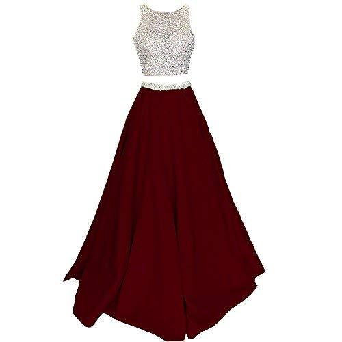 Lemai Plus Size Beaded 2 Pieces Sheer Long Open Back Prom Evening Dress Burgundy