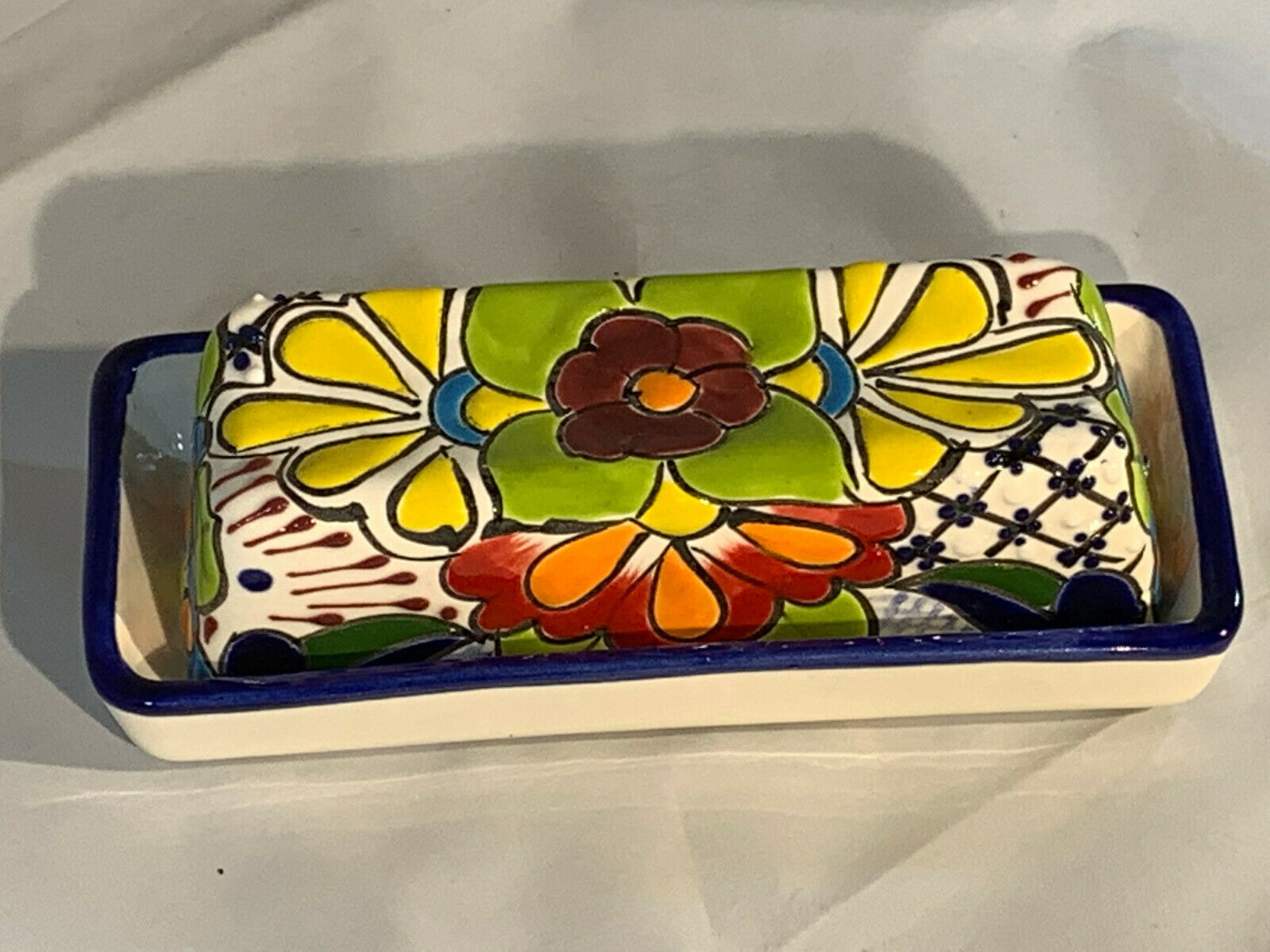 Mexican Pottery BUTTER DISH 6.5" Textured Colorful Talavera 4 Hand painted Pottery