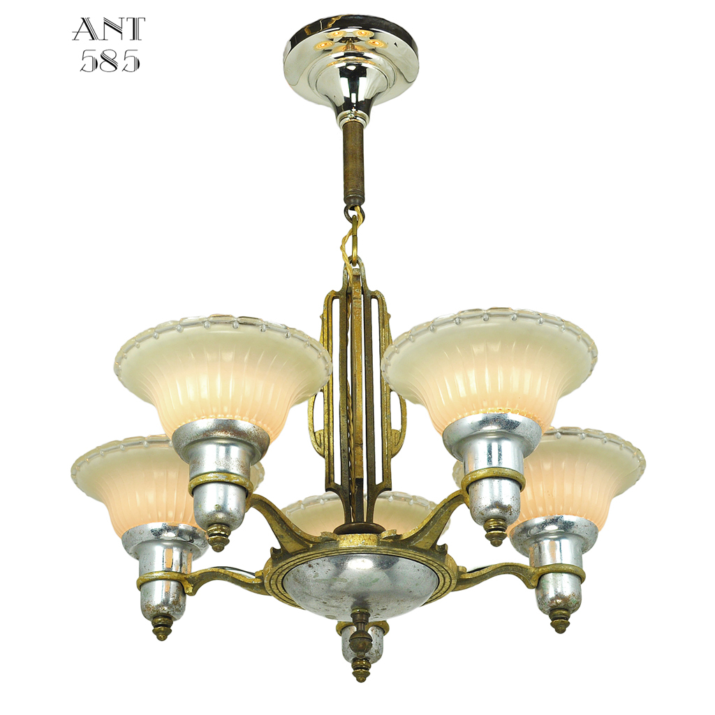 Art Deco Streamline Chandelier 5 Arm Light Fixture by Mid-West Mnf (ANT