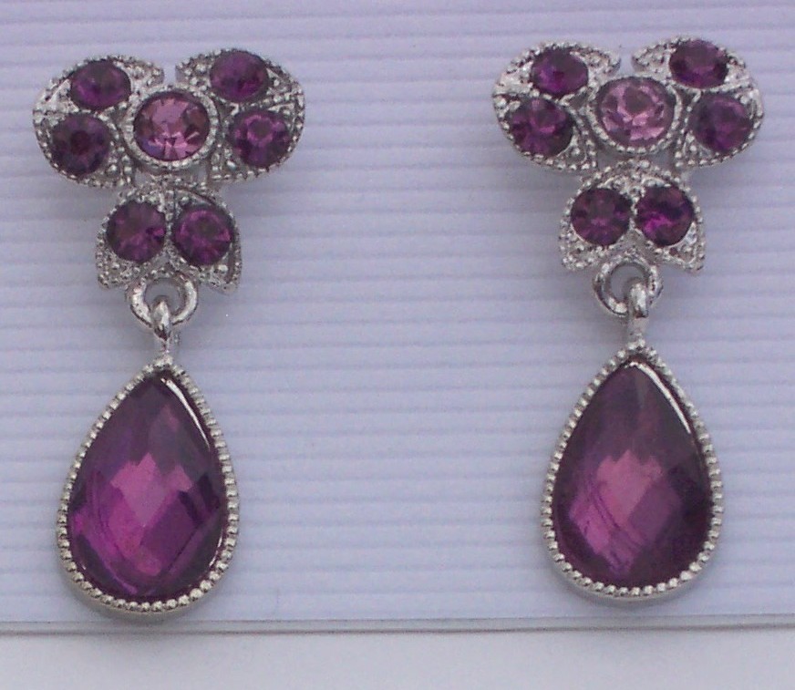 Purple Dangle Rhinestone Silvertone Earrings Pierced Earrings