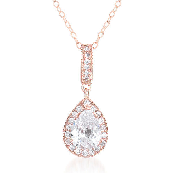 Women's Sterling Silver 14k Rose Gold Plated Pear Cubic Zirconia Halo ...