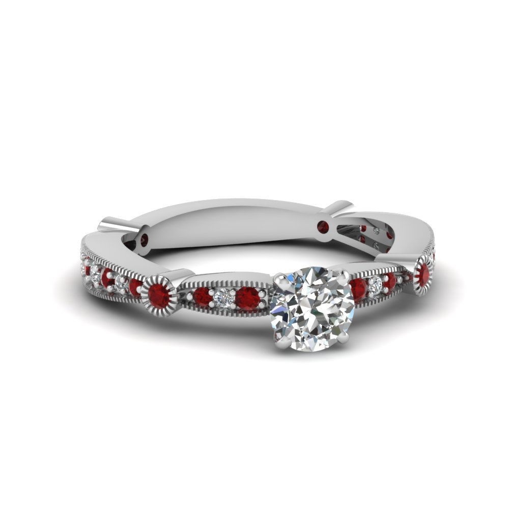 .90Ct Round Cut Sim Diamond & Red Ruby Tapered Milgrain Engagement Ring Pave Set