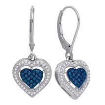 10k White Gold Round Blue Color Enhanced Diamond Heart Dangle Earrings 3/8 - $479.00