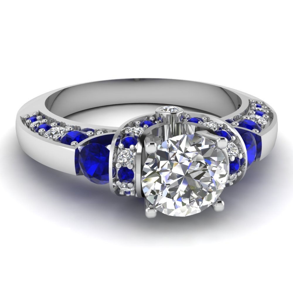 1.28 CT Round Cut Sim Diamond & Blue Sapphire Rescinding Arch Engagement Ring