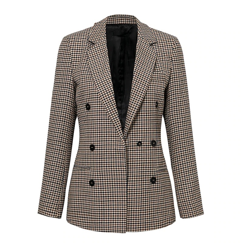 New brown beige plaid double breasted women check blazer checked suit ...