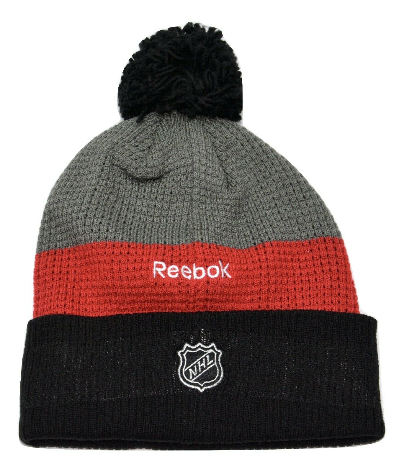 Reebok Chicago Blackhawks NHL Hockey Waffle Knit Pom Pom Winter Hat Beanie Toque - Hockey-NHL