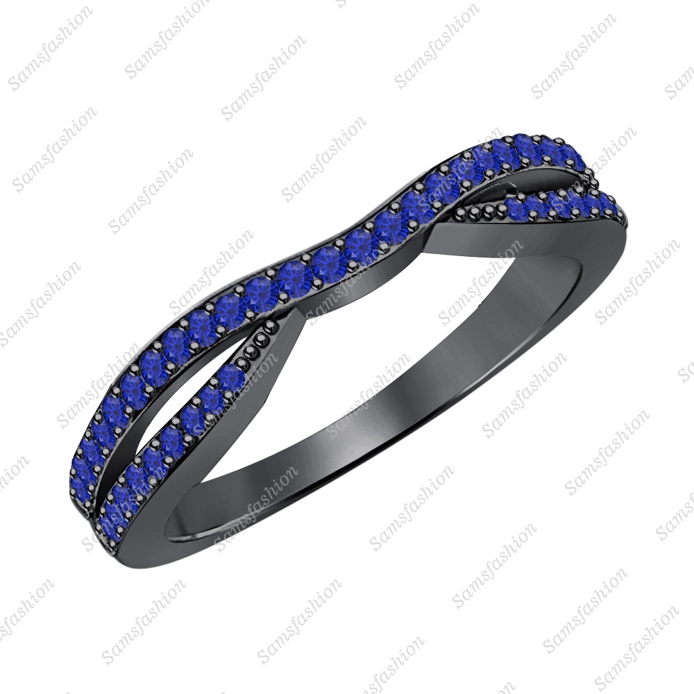 0.65Ct 14k Black Gold Over Round Blue Sapphire Ladies Wedding Guard Contour Ring