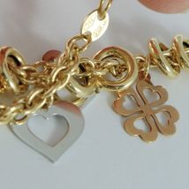 18k YELLOW WHITE ROSE GOLD BRACELET, ROLO, CIRCLE, HEART AND FOUR LEAF PENDANT image 4