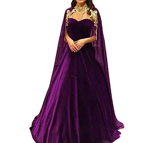 Long Velvet A Line Formal Prom Evening Dresses with Gold Lace Cape Purple US 12