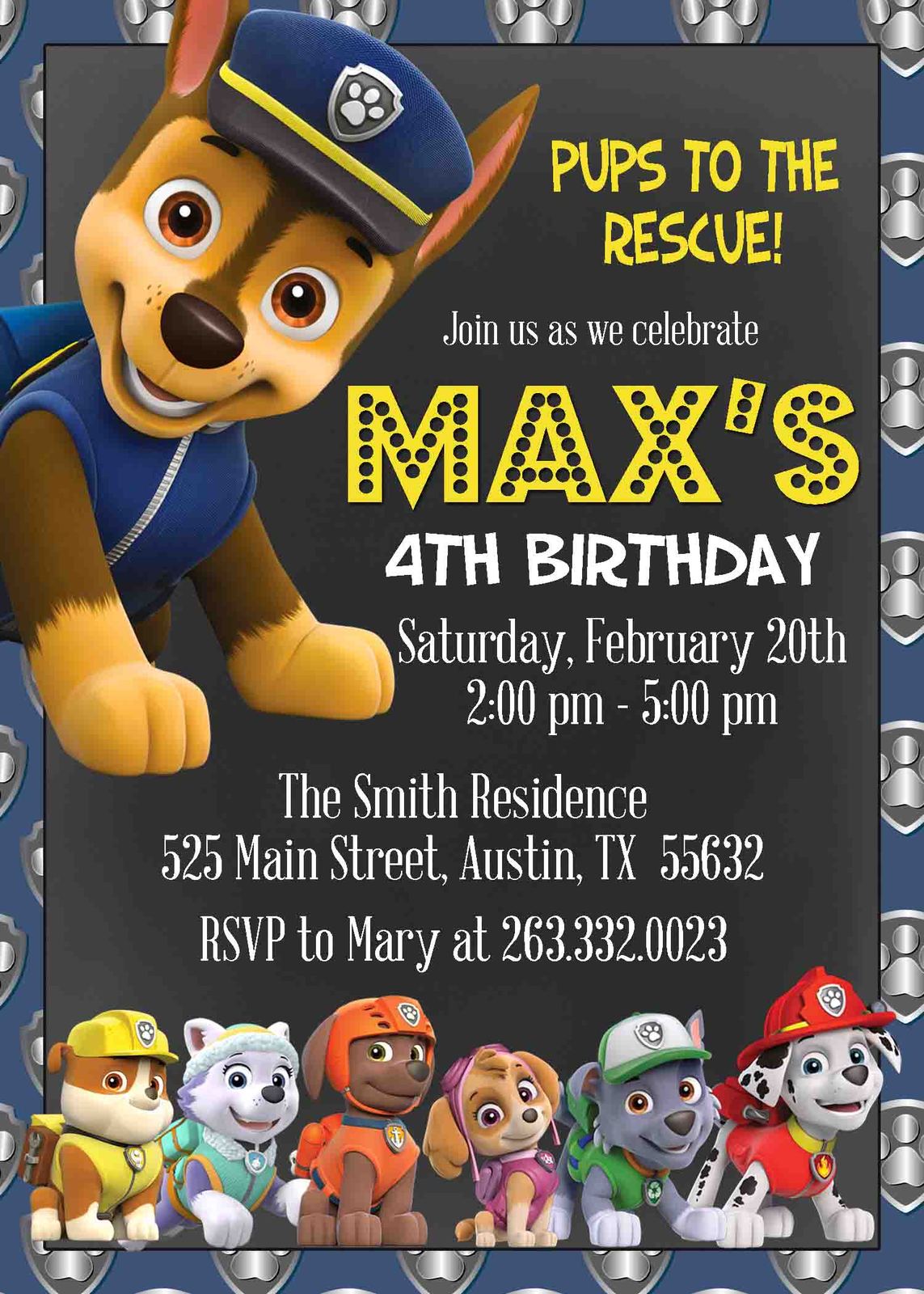 Paw Patrol Chase Birthday Invitation Set Includes Matching Envelopes Custom Invitations 7634