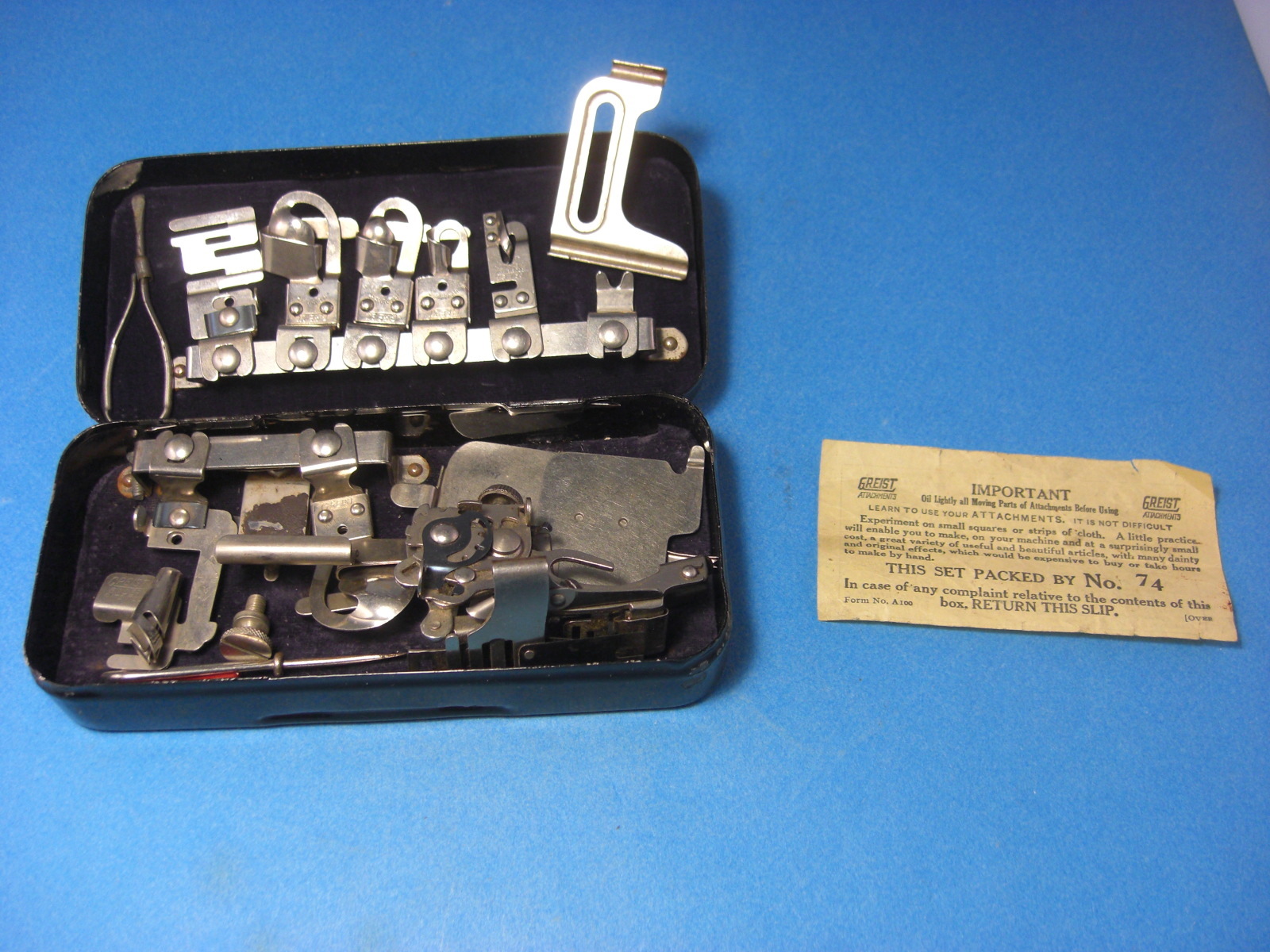 Greist Rotary Sewing Machine Attachments in Tin Box 17 Feet Domestic