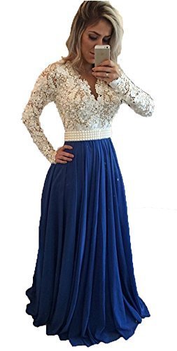 Image of Fanmu A line Long Sleeve Lace Chiffon Prom Dress Evening Gowns Blue US plus