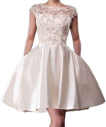 Image of Fanmu Cap Sleeve Lace Satin Short Prom Dresses Cockatil Homecoming Gowns Cham...