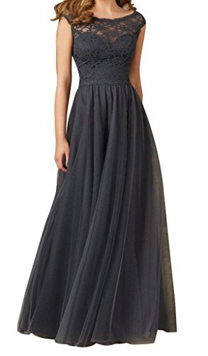 Image of Fanmu Cap Sleeve Lace Bodice Tulle Bridesmaid Prom Dress Evening Gowns Grey US