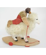 Vintage Pull Toy Jointed Bear Riding Woolly Sheep Folk Art Broken Wheel ... - $47.02