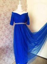 Royal Blue Off Shoulder Short Sleeve Tulle Bridesmaid Dress Baby Shower Dress - $138.00