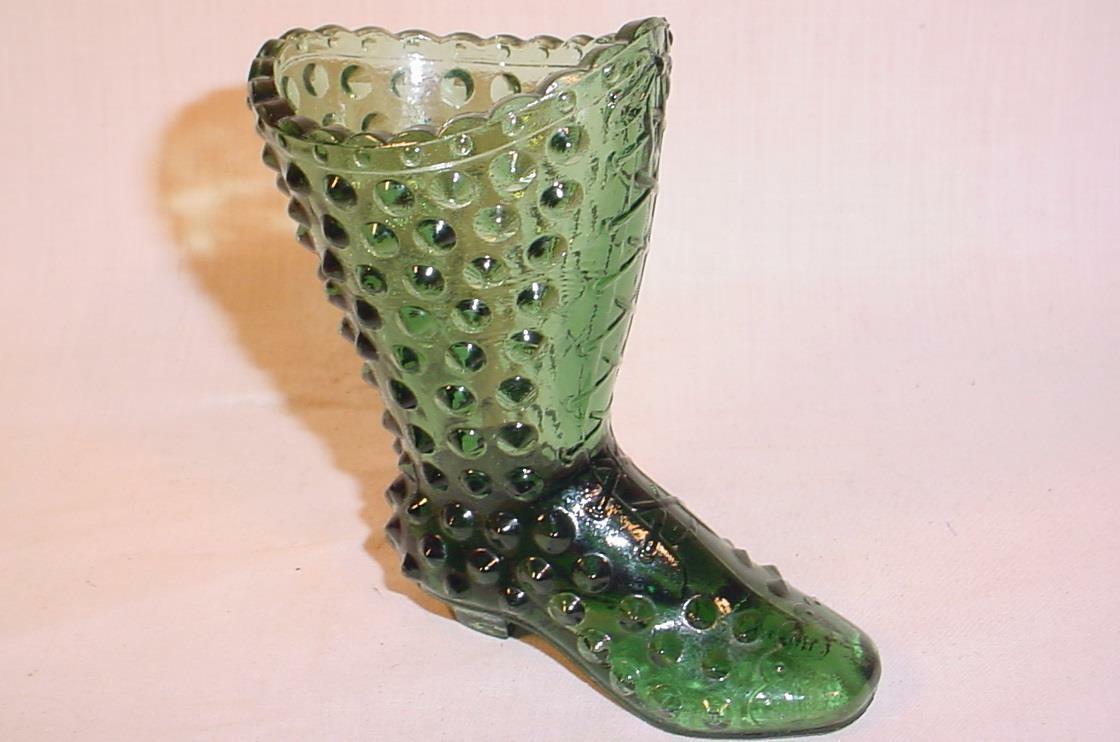 VINTAGE FENTON GREEN GLASS 4" HOBNAIL BOOT MATCH HOLDER TOOTHPICK