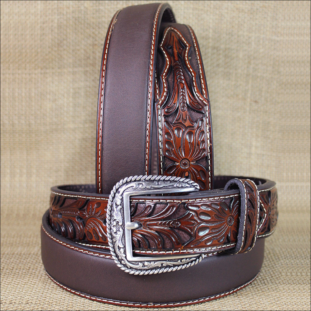 40 INCH WESTERN ARIAT SILVER BUCKLE LEATHER MENS BELT TOOLED FLORAL TAN ...