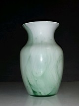 Indiana Glass 8&quot; Vase #31007 Crystal Reverse Paint White with Green Swirls - $11.95