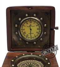 Christmas Old London Style Small Clocks Table Watch Brass Clock Compass Wood Box - $23.89