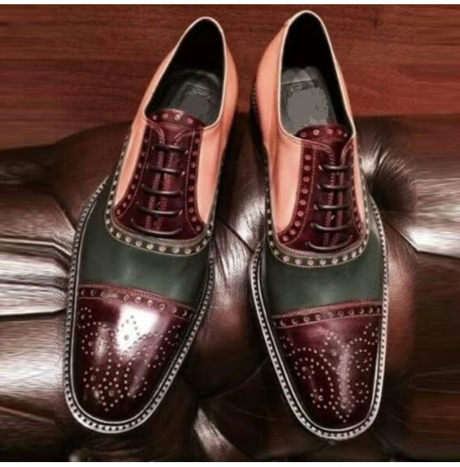 Made To Hand Three Tone Oxford, Lace Up Leather, Medallion Cap Toe Dress Shoes,