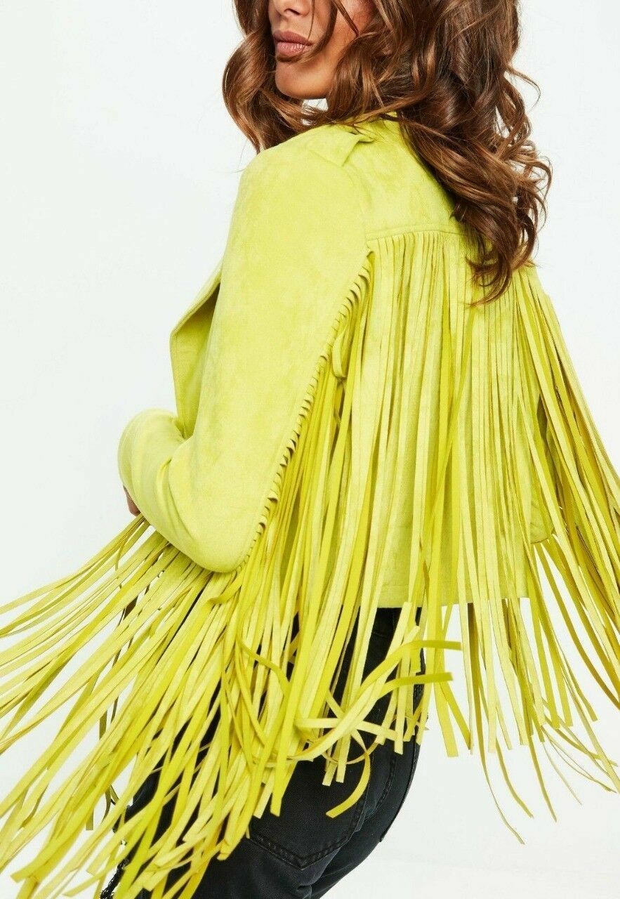 Women's Lime Green Western Long Fringed Style Finished Cow Leather ...