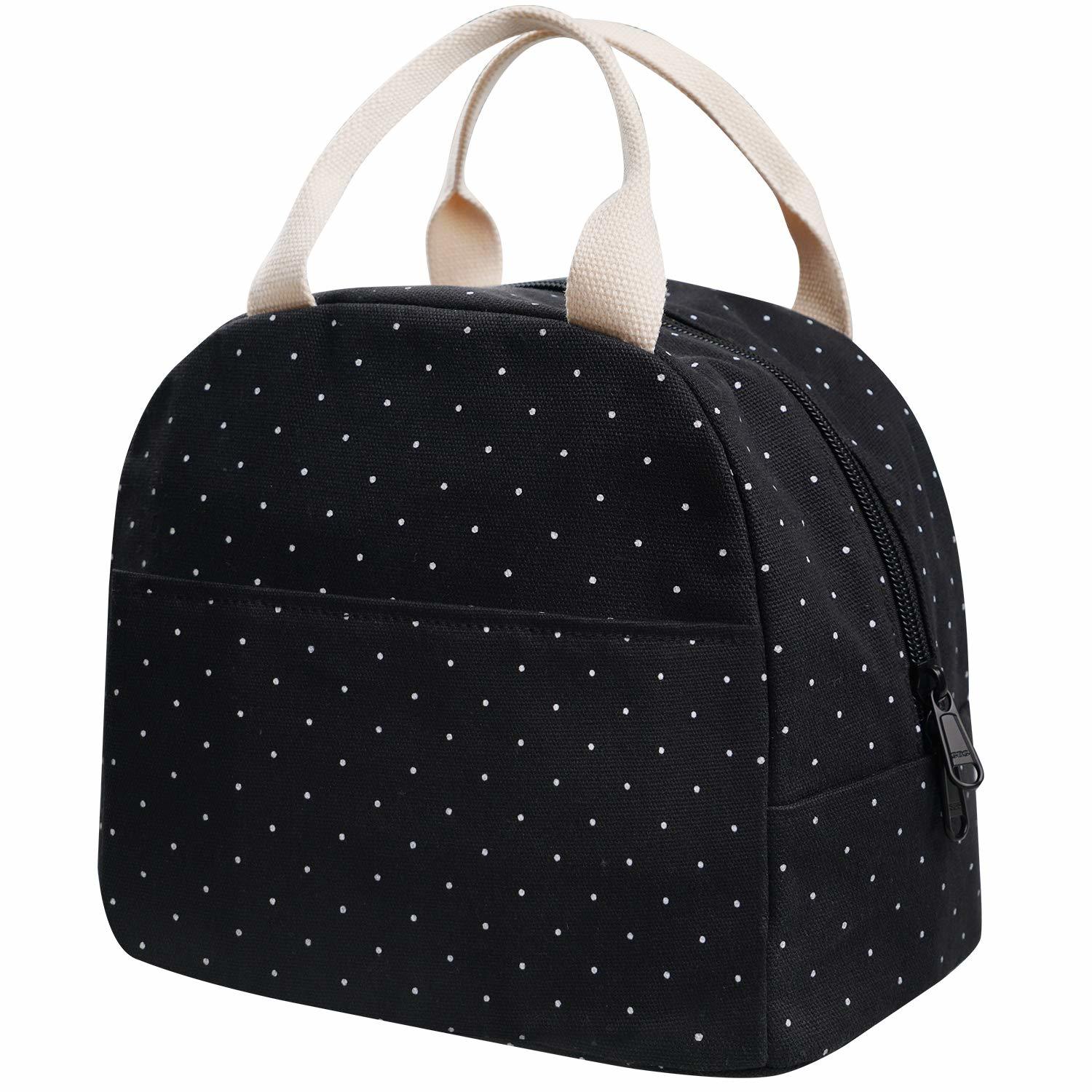 Ebd Products - Upgraded compact black lunch bag for girls women,canvas reusable polka dot lunch