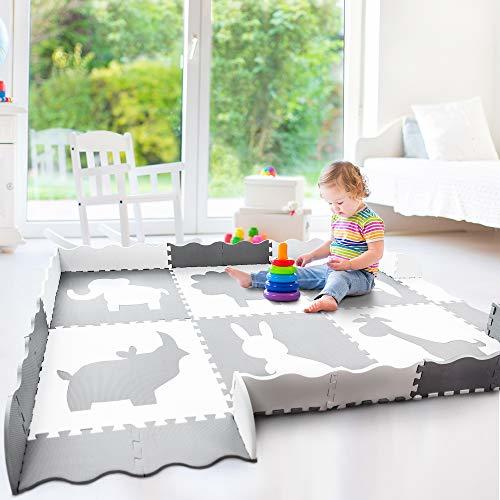 Baby Play Mat with Fence Large 5' x 7' Foam Puzzle Mat Neutral Playroom Mat Baby Gyms
