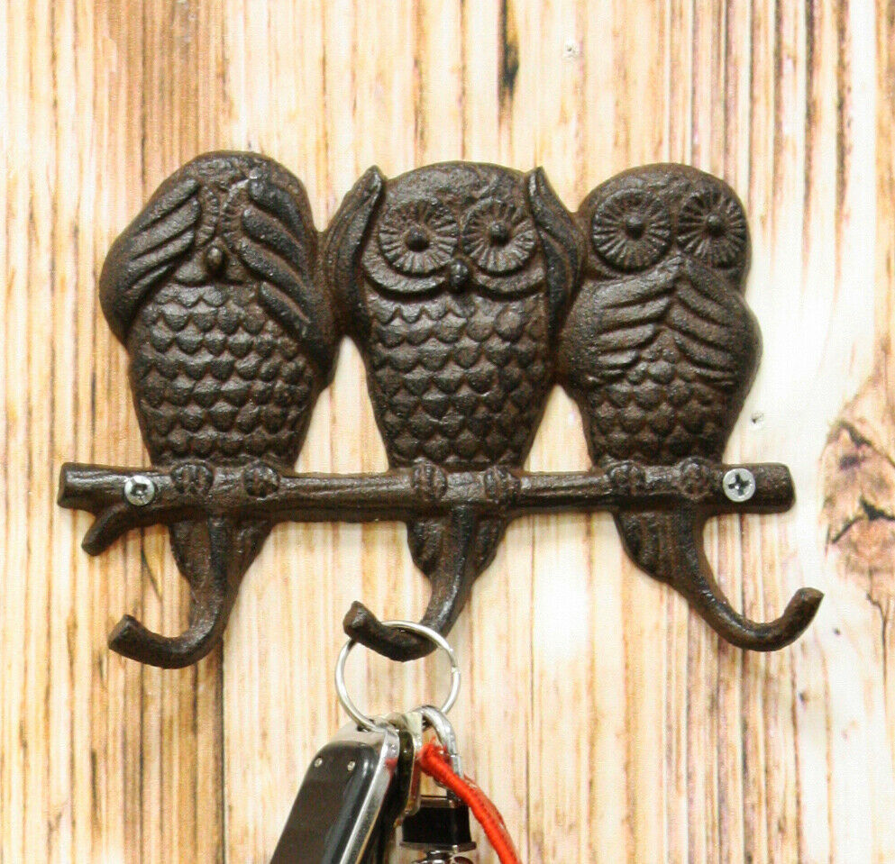 Cast Iron See Hear Speak No Evil Great Horned Owls Family 3 Pegs Wall Hook Decor