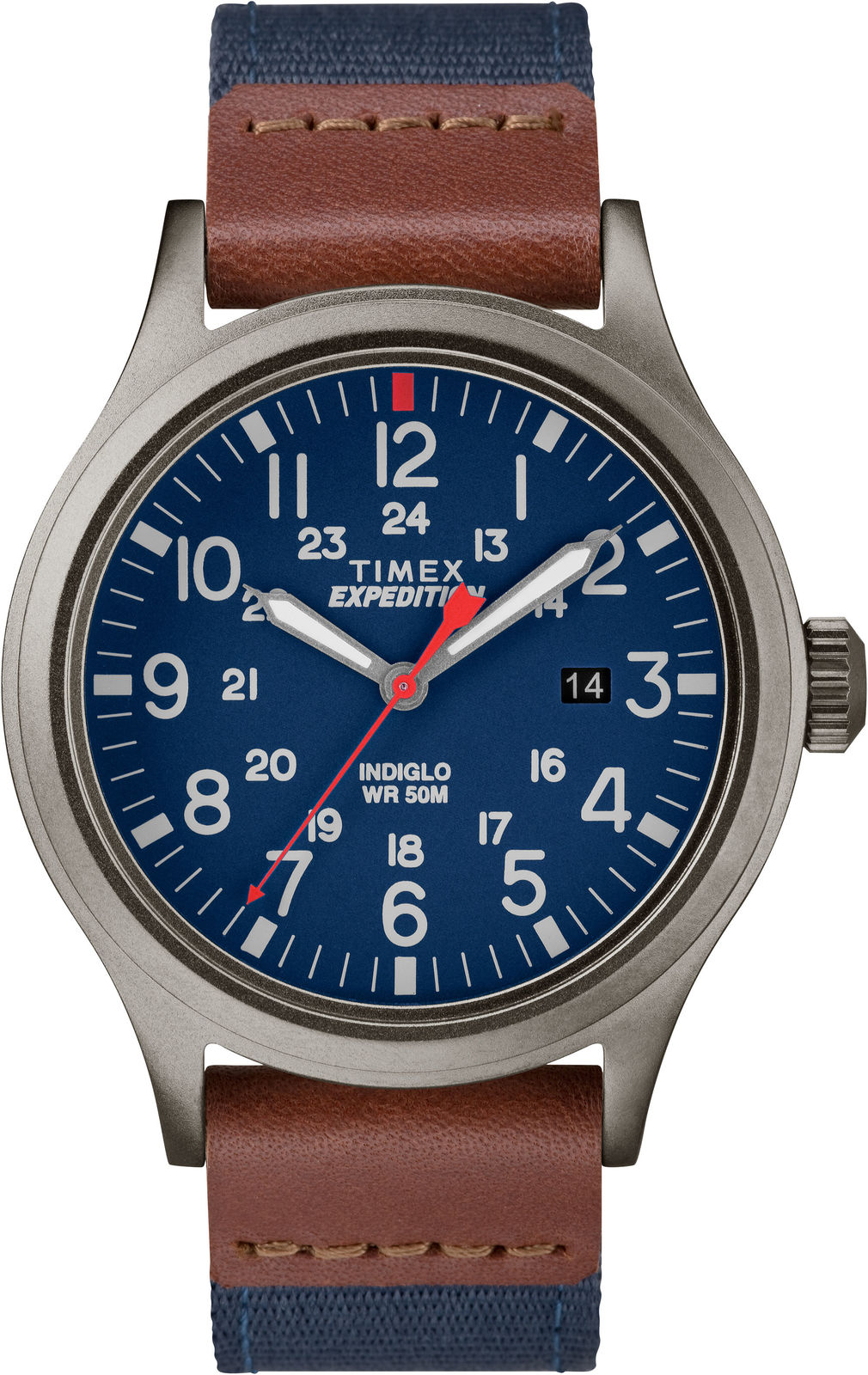 Timex TW4B14100 Men's Expedition   Scout Navy Blue Nylon Strap with Brown Leathe
