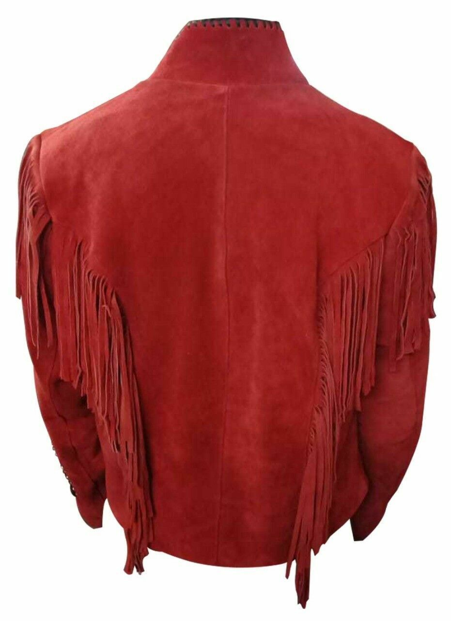 Men's Red Color Western Style Suede Vintage Leather Bone Fringed ...