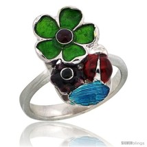 Size 8 - Sterling Silver Multi Color Enamel Lady Bug &amp; Flowers Ring, 3/4... - $76.78