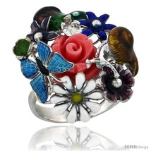 Size 7 - Sterling Silver Multi Color Enamel Butterfly &amp; Flowers Ring, 15... - $131.63