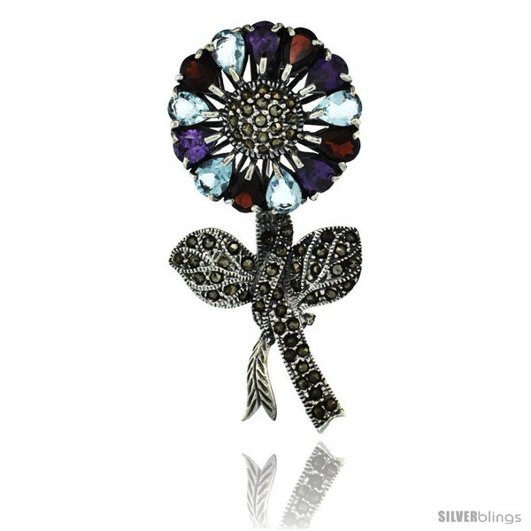 Primary image for Sterling Silver Marcasite Large Sunflower Brooch Pin w/ Pear Cut Garnet, 