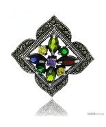 Sterling Silver Marcasite Clover Brooch Pin w/ Round &amp; Marquise Cut Multi  - $94.38