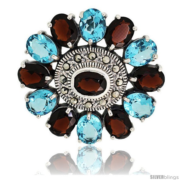 Primary image for Sterling Silver Marcasite Large Flower Brooch Pin w/ Oval Cut Garnet & Blue 