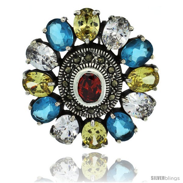 Primary image for Sterling Silver Marcasite Large Flower Brooch Pin w/ Oval Cut Multi Color 