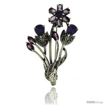 Sterling Silver Marcasite Flower Cluster Brooch Pin w/ Round, Pear, Oval &amp;  - $130.26